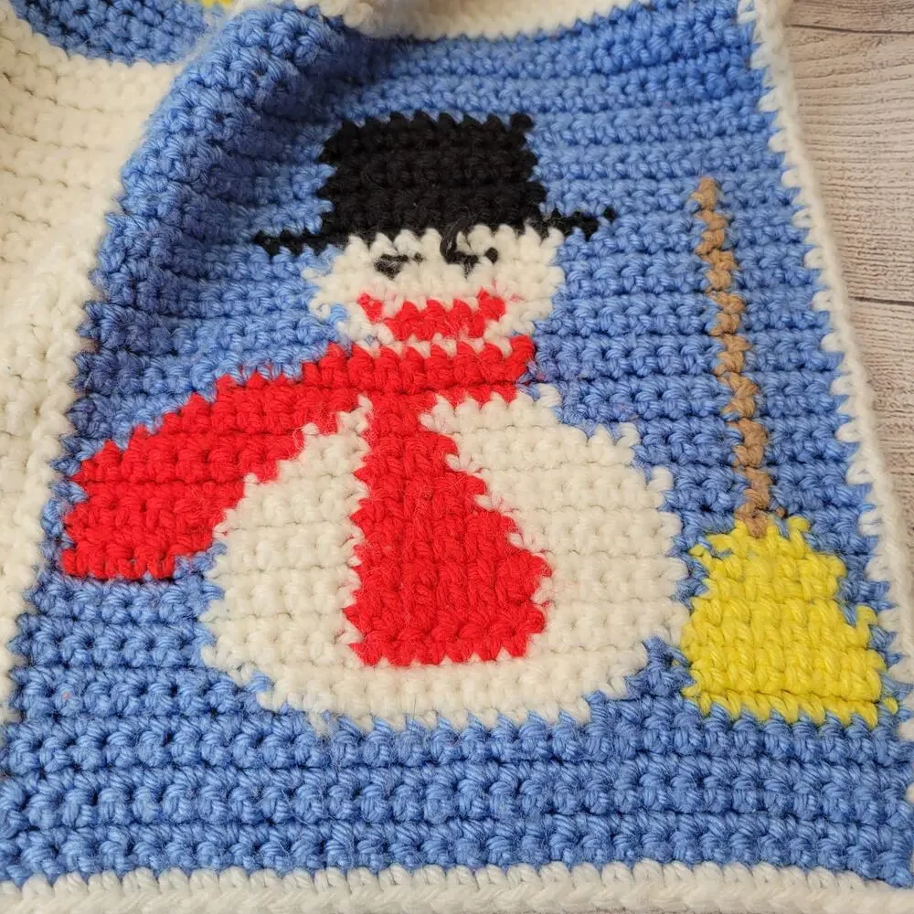 Handmade Snowman Crochet Patchwork Lap Small Blanket